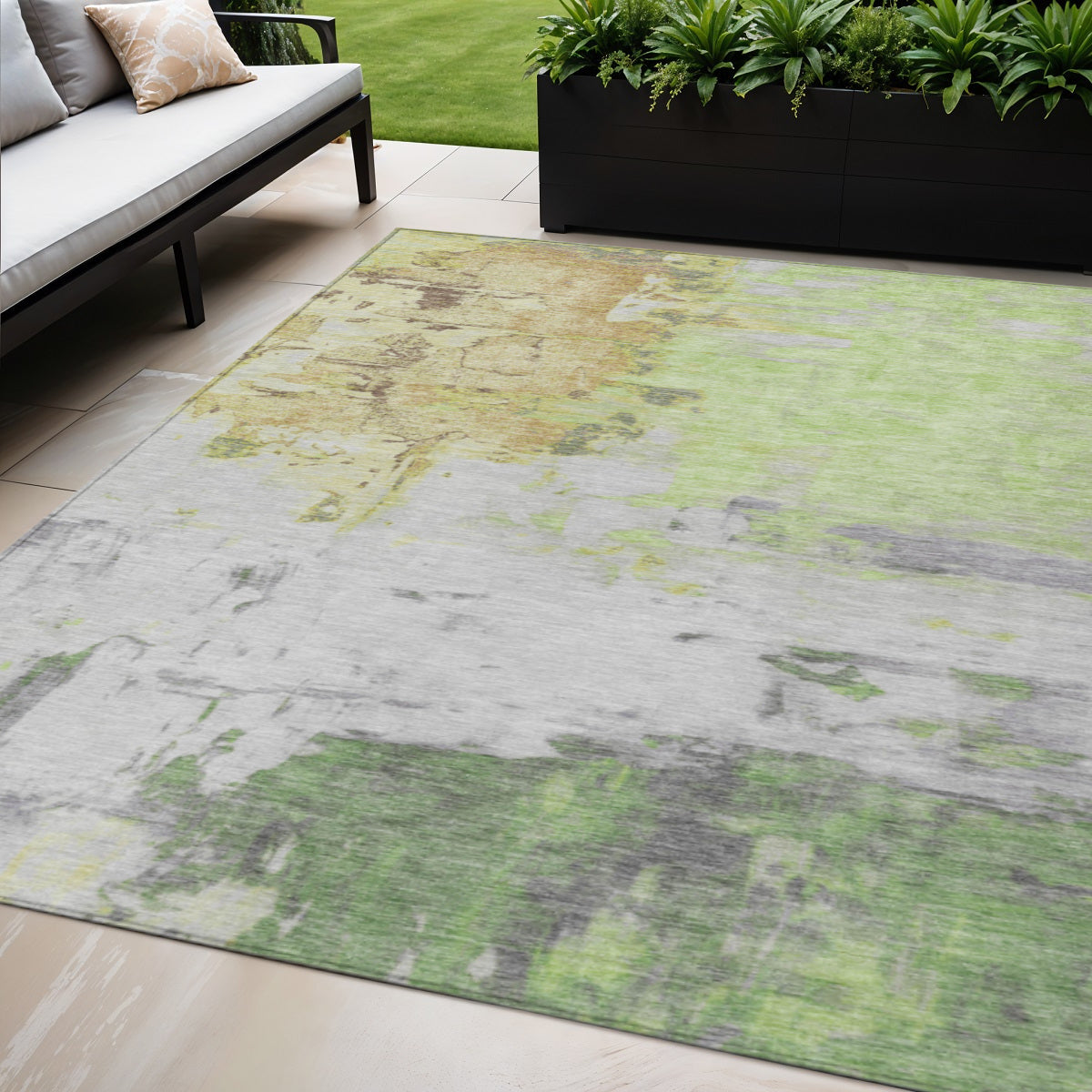 5' X 8' Artichoke Green And Gold Abstract Washable Indoor Outdoor Area Rug-1