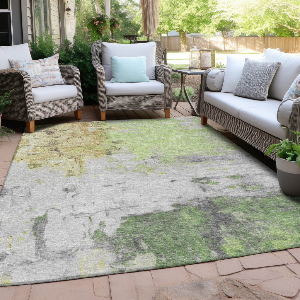 5' X 8' Artichoke Green And Gold Abstract Washable Indoor Outdoor Area Rug-3