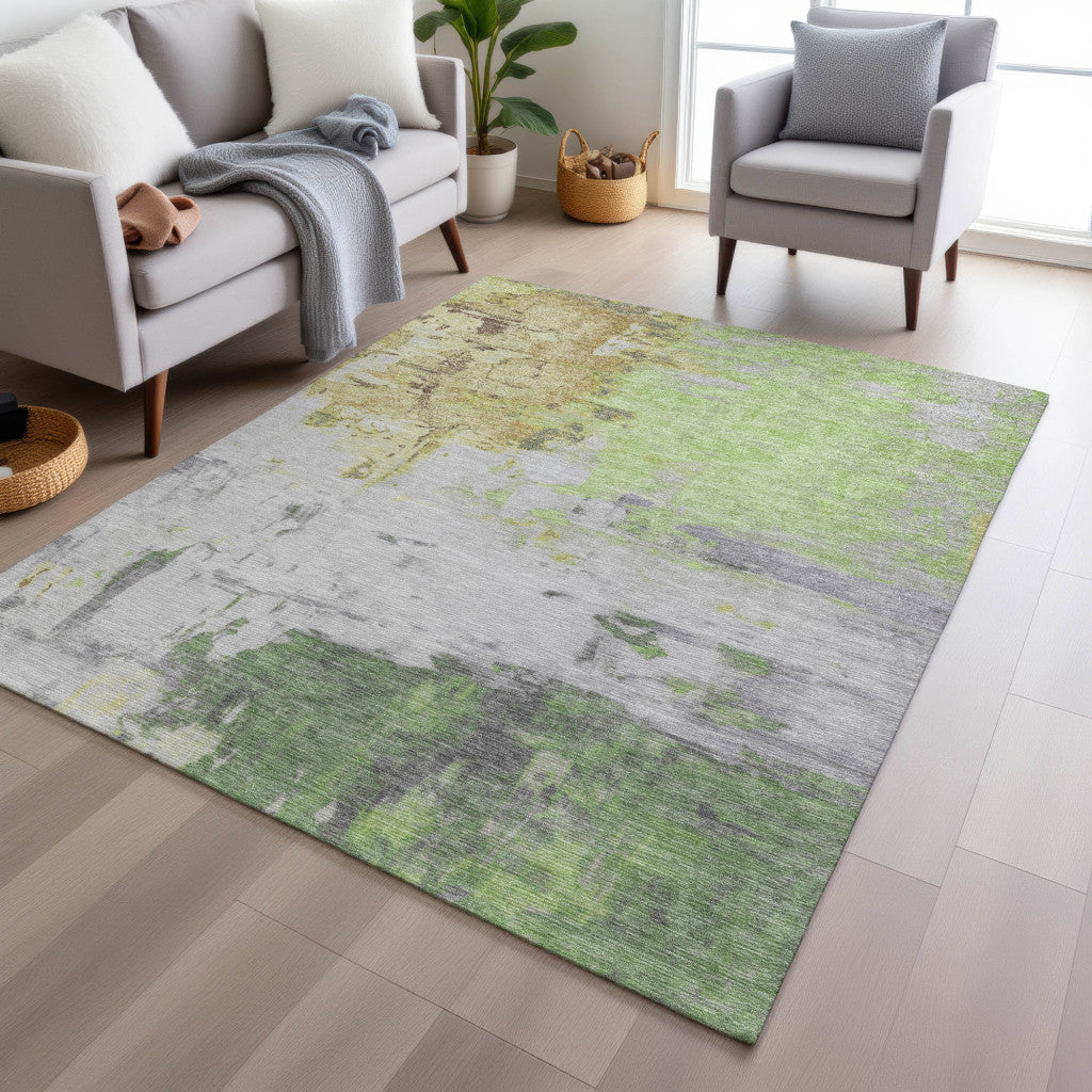 5' X 8' Artichoke Green And Gold Abstract Washable Indoor Outdoor Area Rug-4
