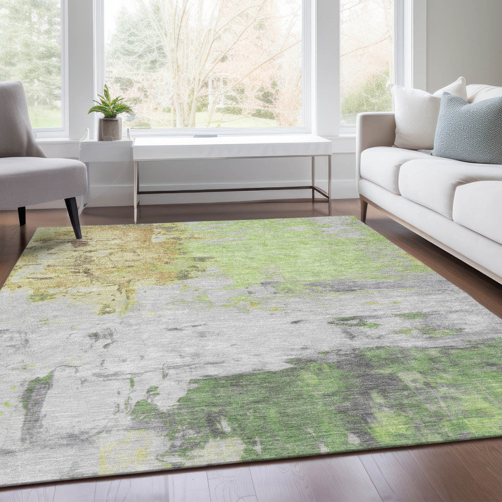 5' X 8' Artichoke Green And Gold Abstract Washable Indoor Outdoor Area Rug-5