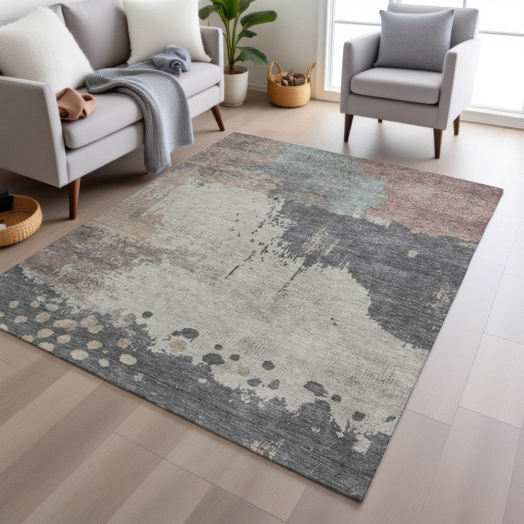 10' X 14' Khaki Charcoal And Ivory Abstract Washable Indoor Outdoor Area Rug