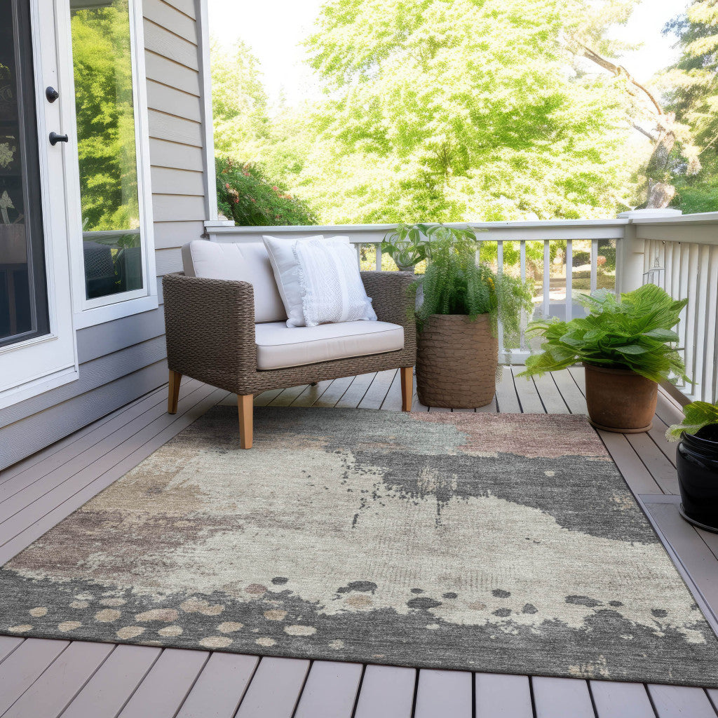 10' X 14' Khaki Charcoal And Ivory Abstract Washable Indoor Outdoor Area Rug