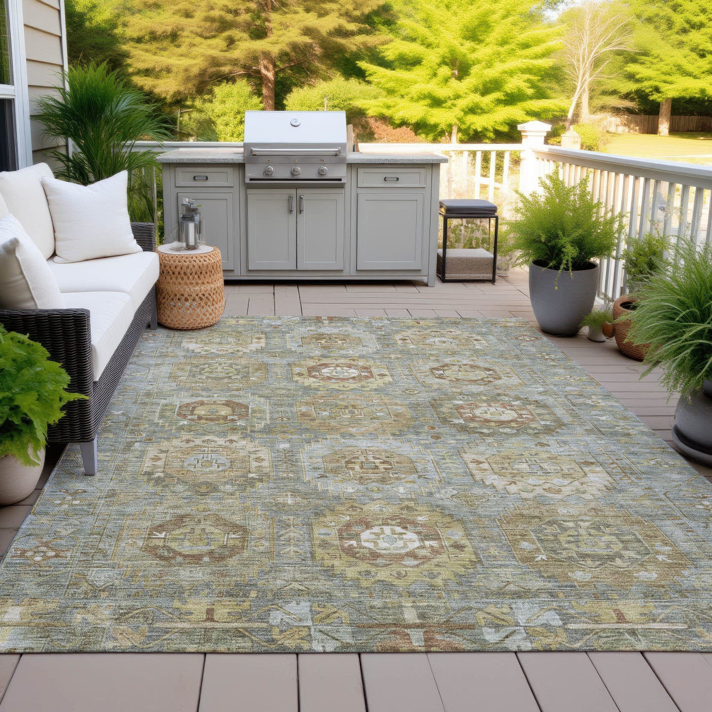3' X 5' Sage Brown And Taupe Medallion Washable Indoor Outdoor Area Rug-6