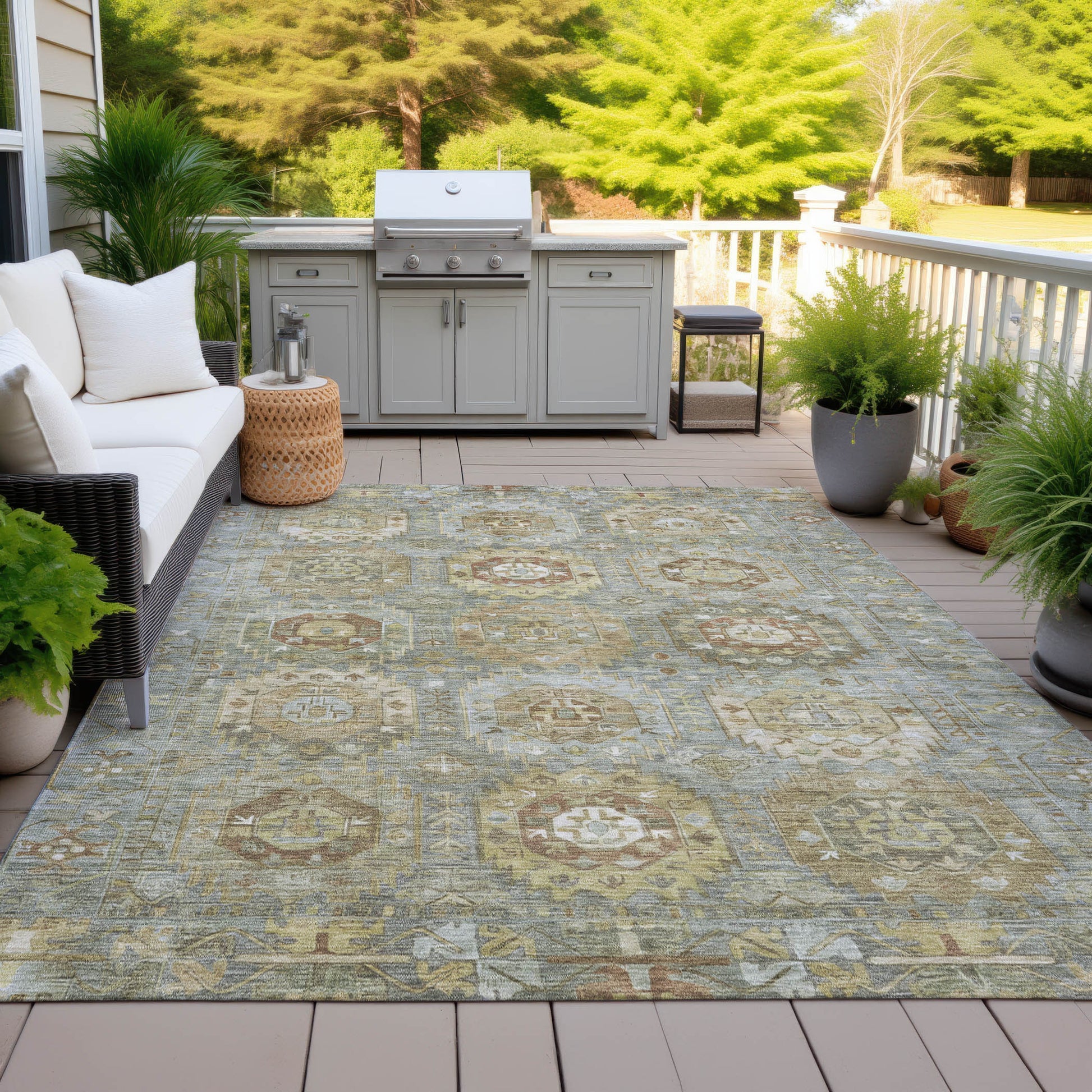 3' X 5' Sage Brown And Taupe Medallion Washable Indoor Outdoor Area Rug-6