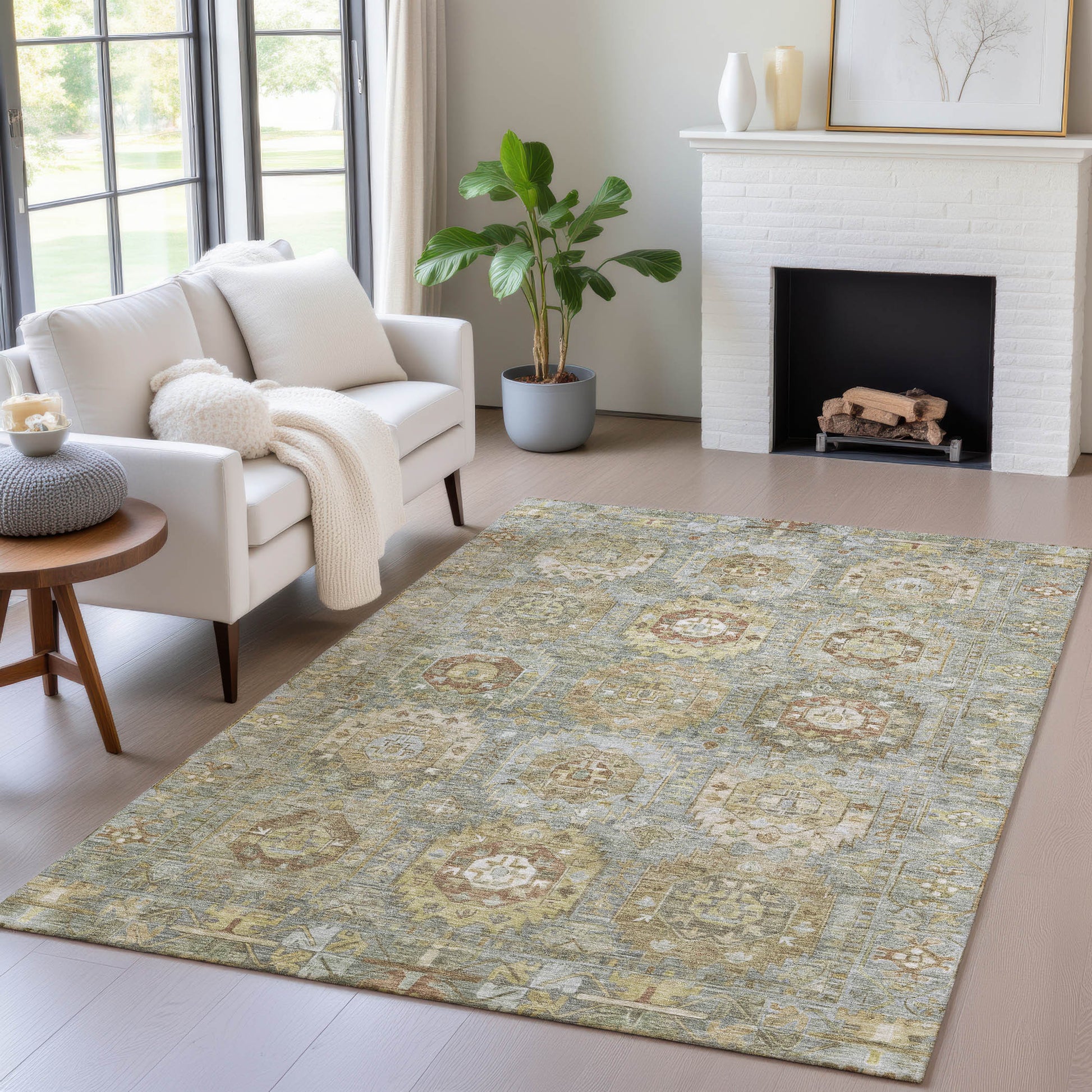 3' X 5' Sage Brown And Taupe Medallion Washable Indoor Outdoor Area Rug-7