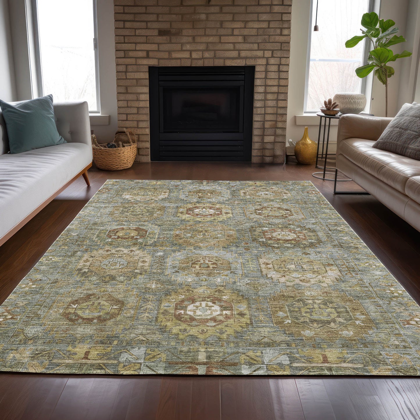 3' X 5' Sage Brown And Taupe Medallion Washable Indoor Outdoor Area Rug-8