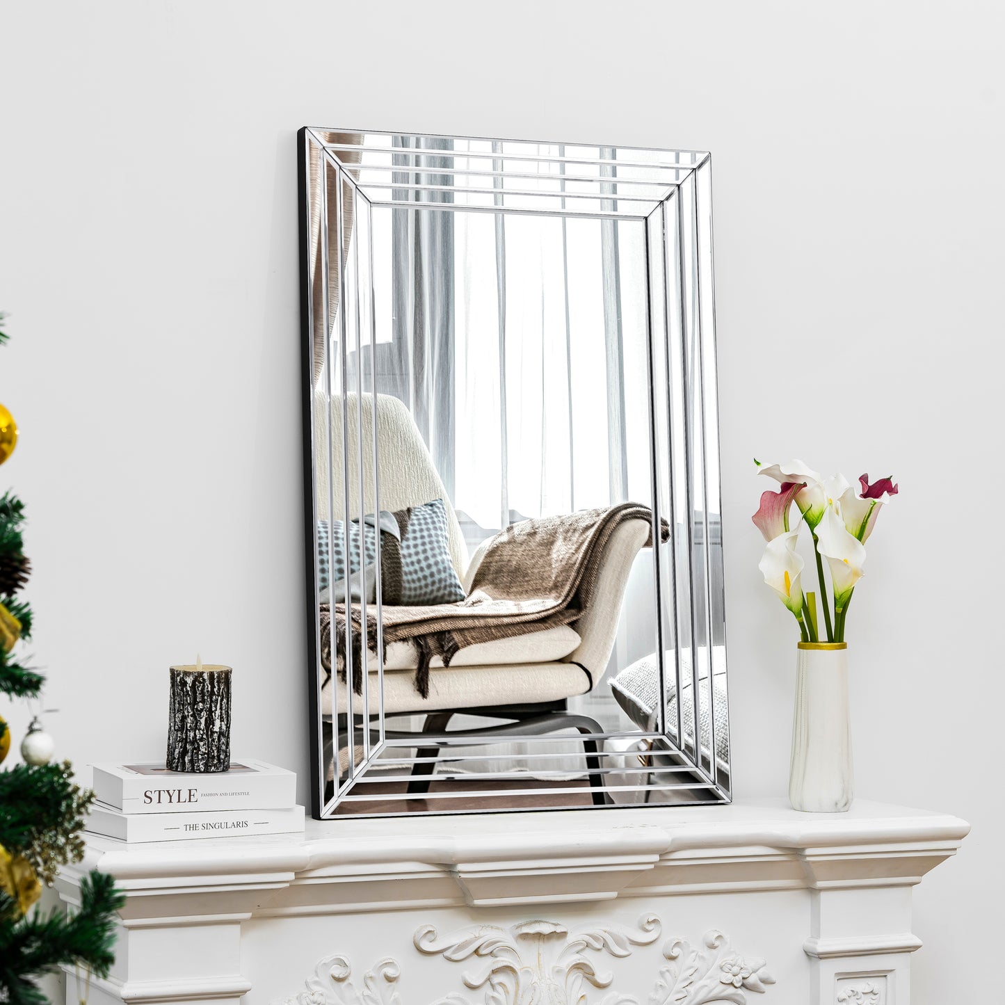 39" Silver Geo Lines Frameless Accent Mirror