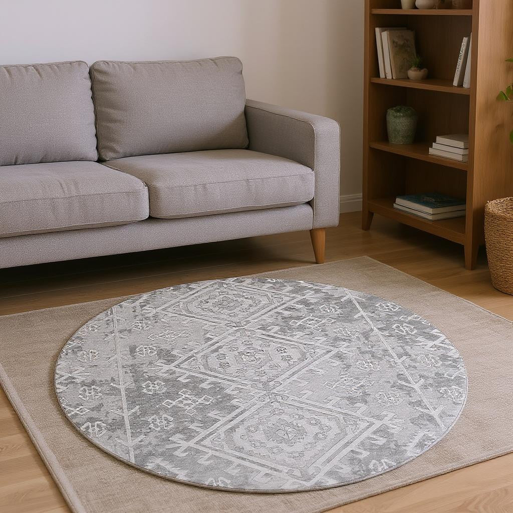 8' Ash Gray And Ivory Geometric Washable Round Rug With UV Protection
