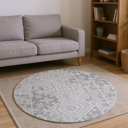 8' Ash Gray And Ivory Geometric Washable Round Rug With UV Protection