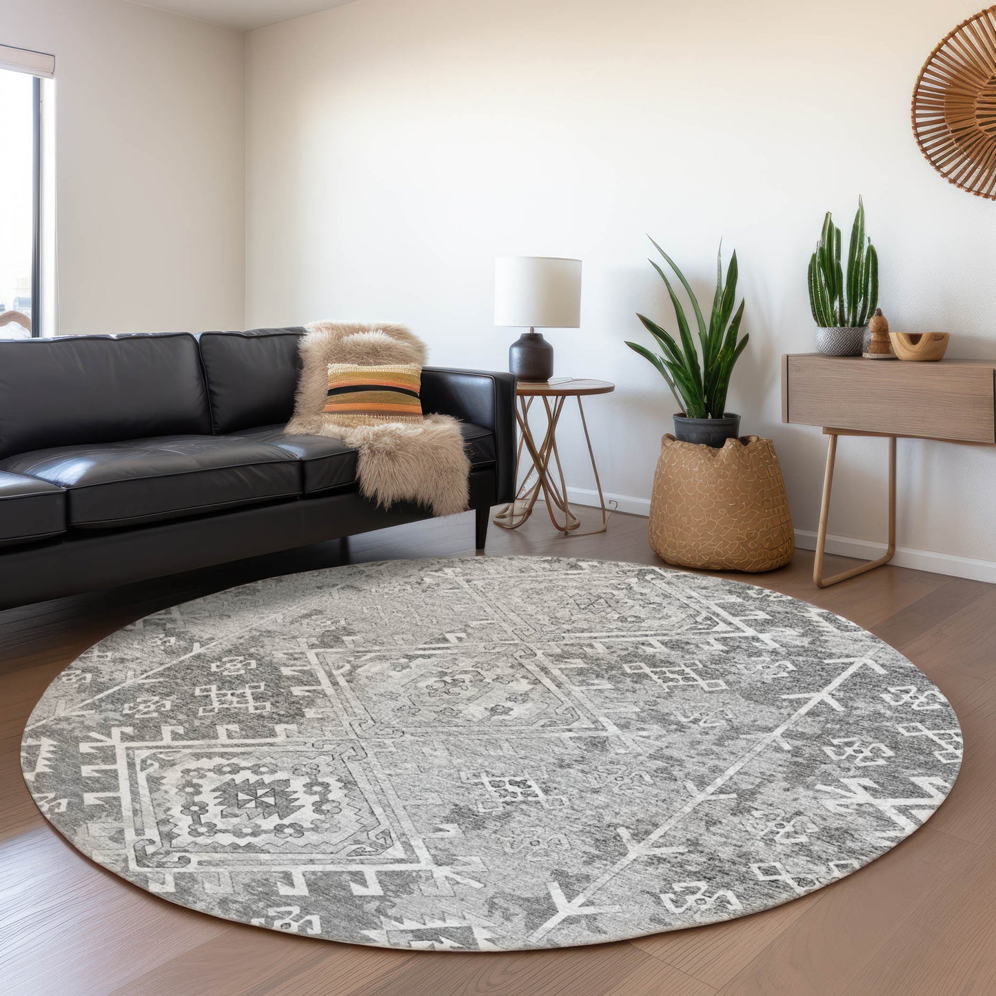 8' Ash Gray And Ivory Geometric Washable Round Rug With UV Protection
