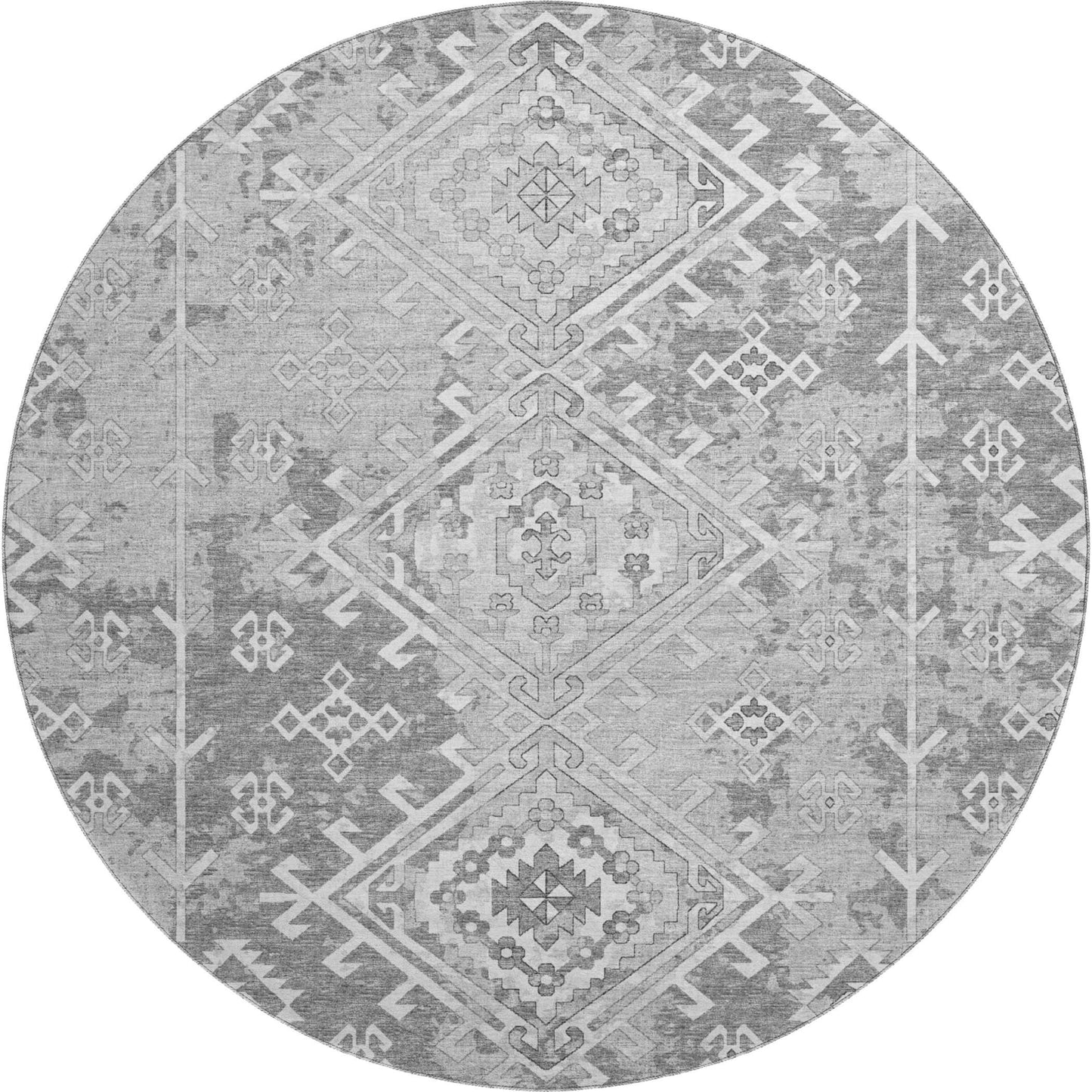 8' Ash Gray And Ivory Geometric Washable Round Rug With UV Protection
