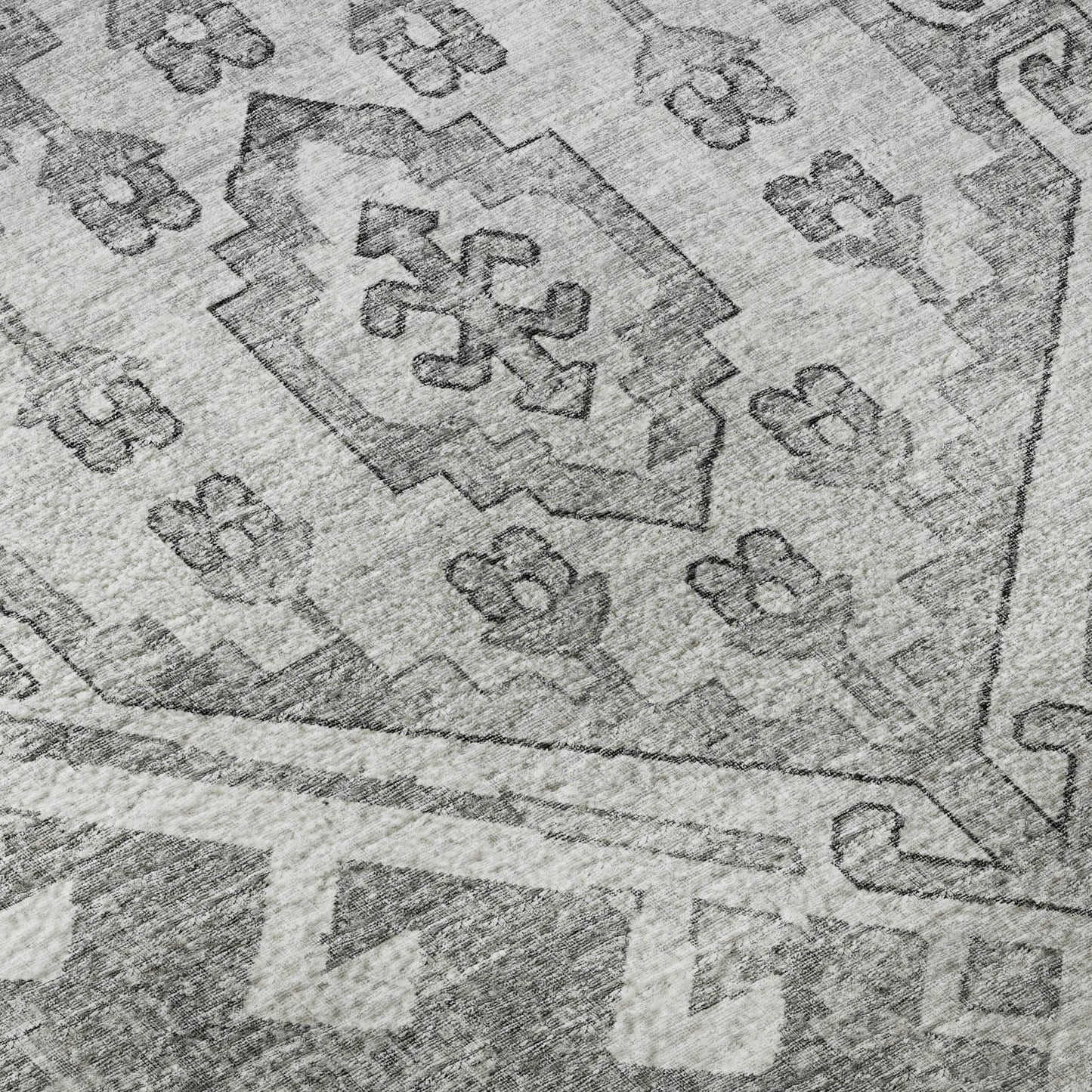 8' Ash Gray And Ivory Geometric Washable Round Rug With UV Protection