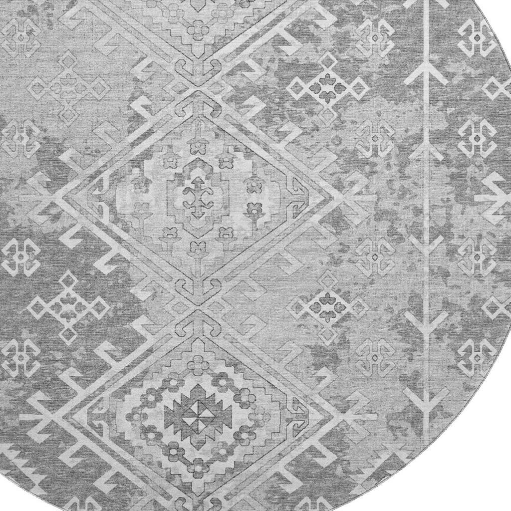 8' Ash Gray And Ivory Geometric Washable Round Rug With UV Protection