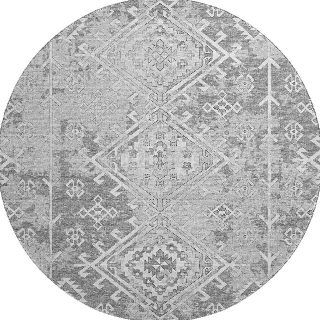 8' Ash Gray And Ivory Geometric Washable Round Rug With UV Protection
