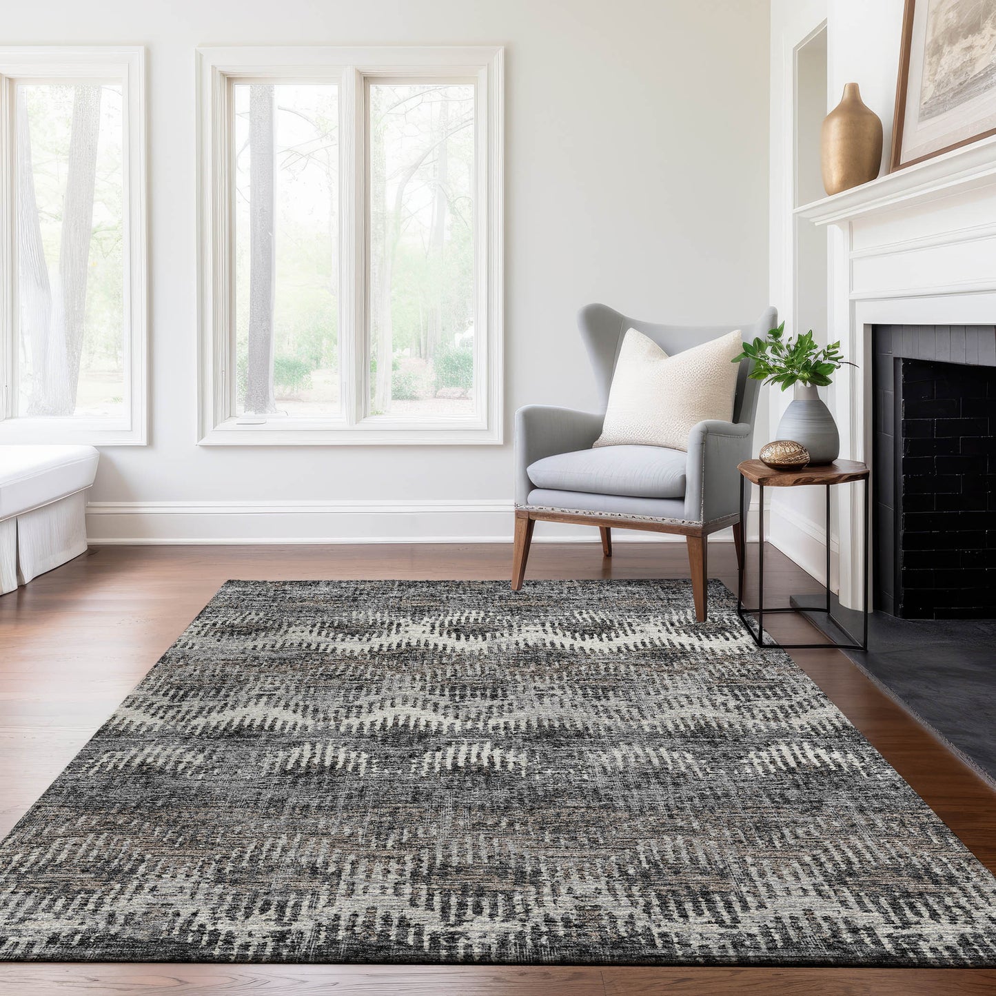 5' X 8' Graphite Ivory And Beige Abstract Washable Area Rug With UV Protection