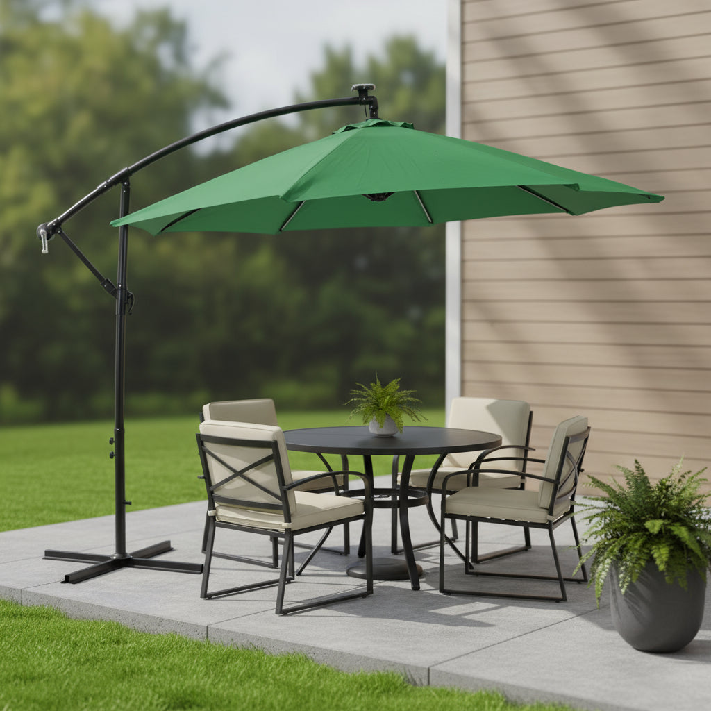 95" Green Polyester Octagonal Tilt Lighted Market Patio Umbrella with Stand-0