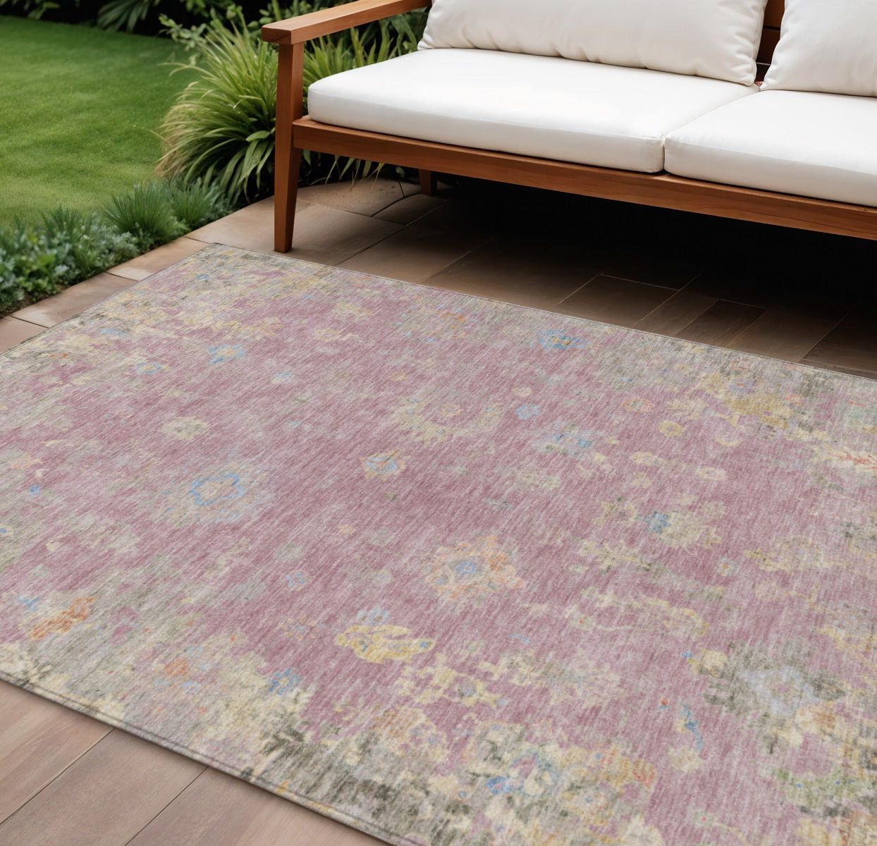 8' X 10' Pink Beige And Gray Floral Washable Indoor Outdoor Area Rug-0