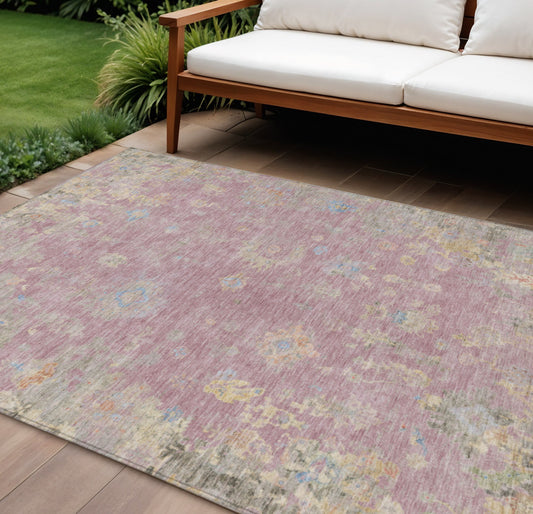 8' X 10' Pink Beige And Gray Floral Washable Indoor Outdoor Area Rug-0