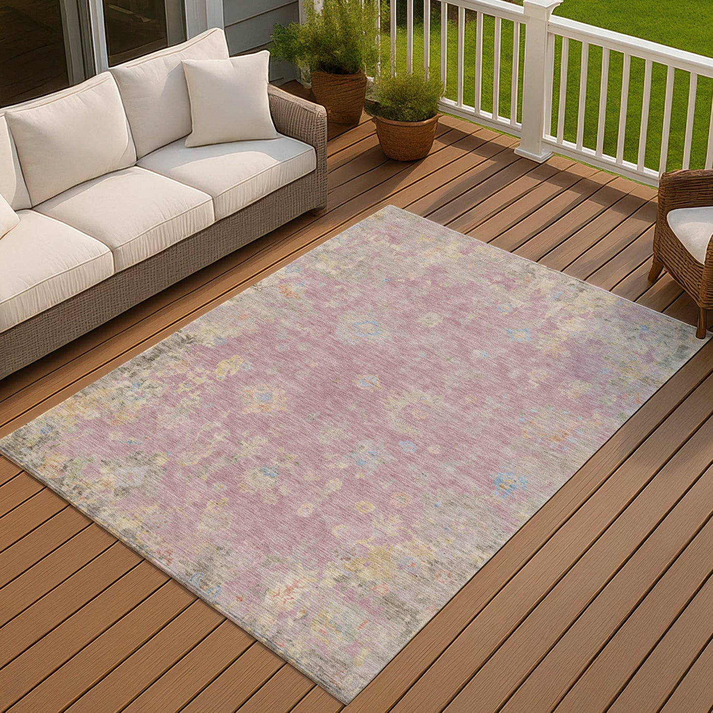 8' X 10' Pink Beige And Gray Floral Washable Indoor Outdoor Area Rug-6