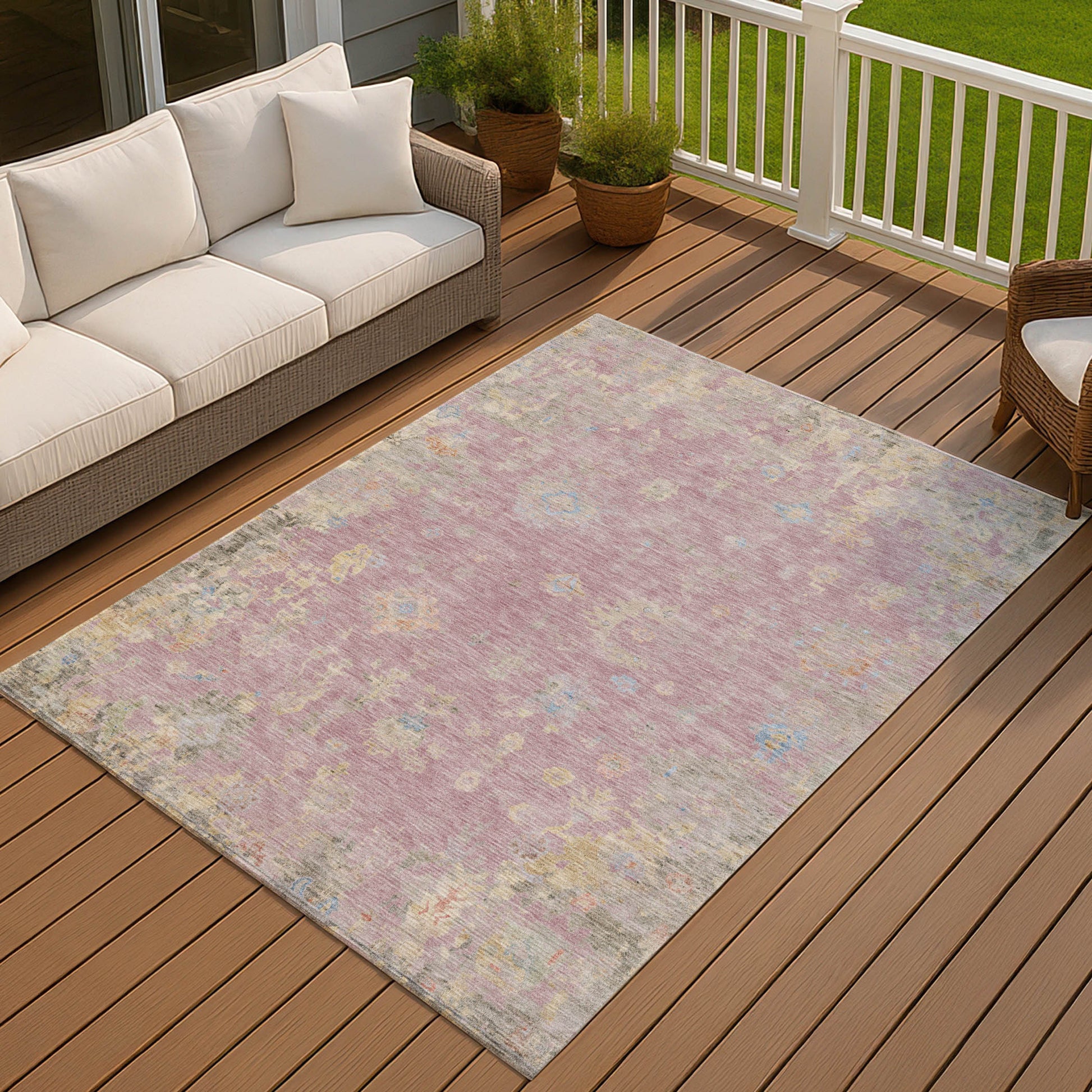 8' X 10' Pink Beige And Gray Floral Washable Indoor Outdoor Area Rug-6