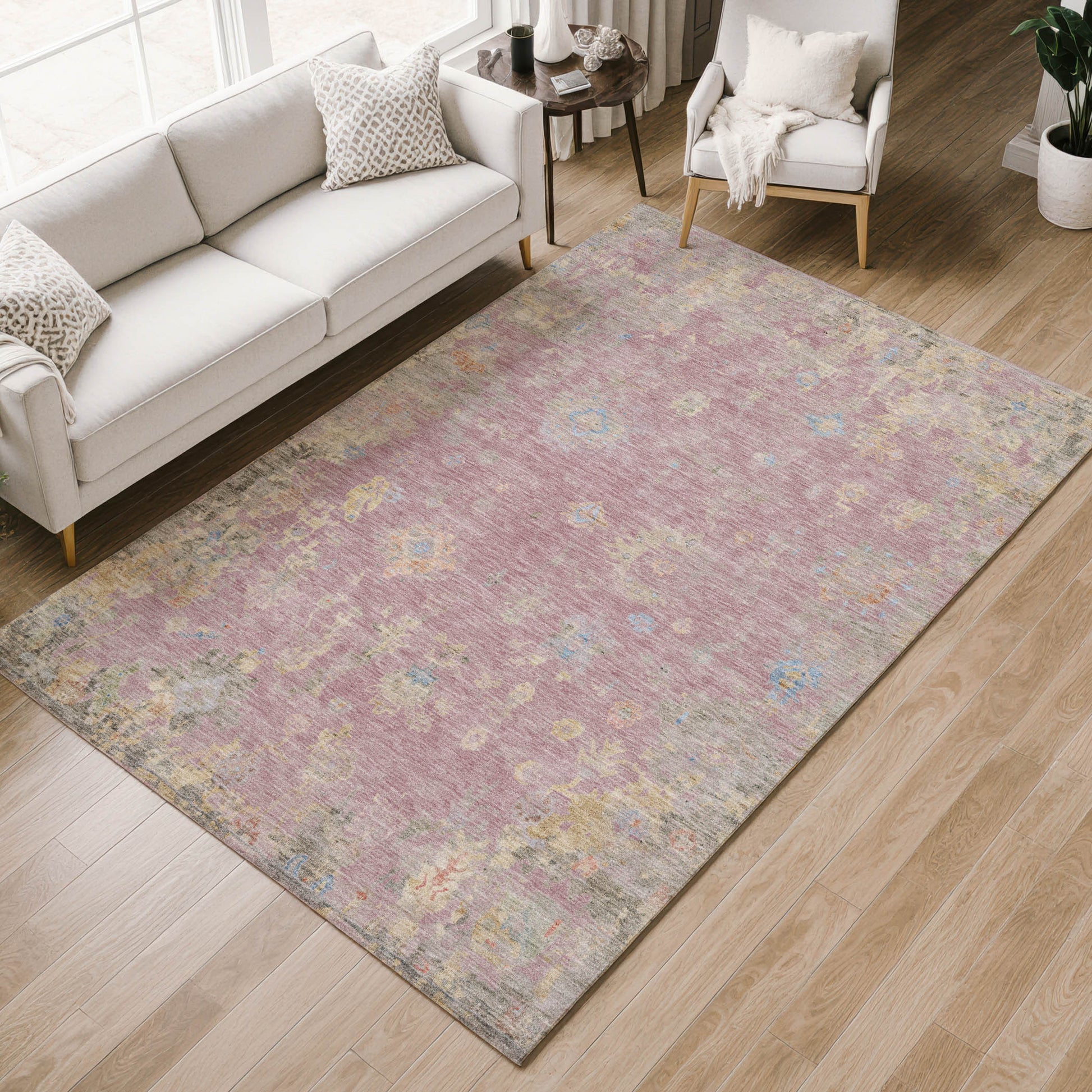8' X 10' Pink Beige And Gray Floral Washable Indoor Outdoor Area Rug-7