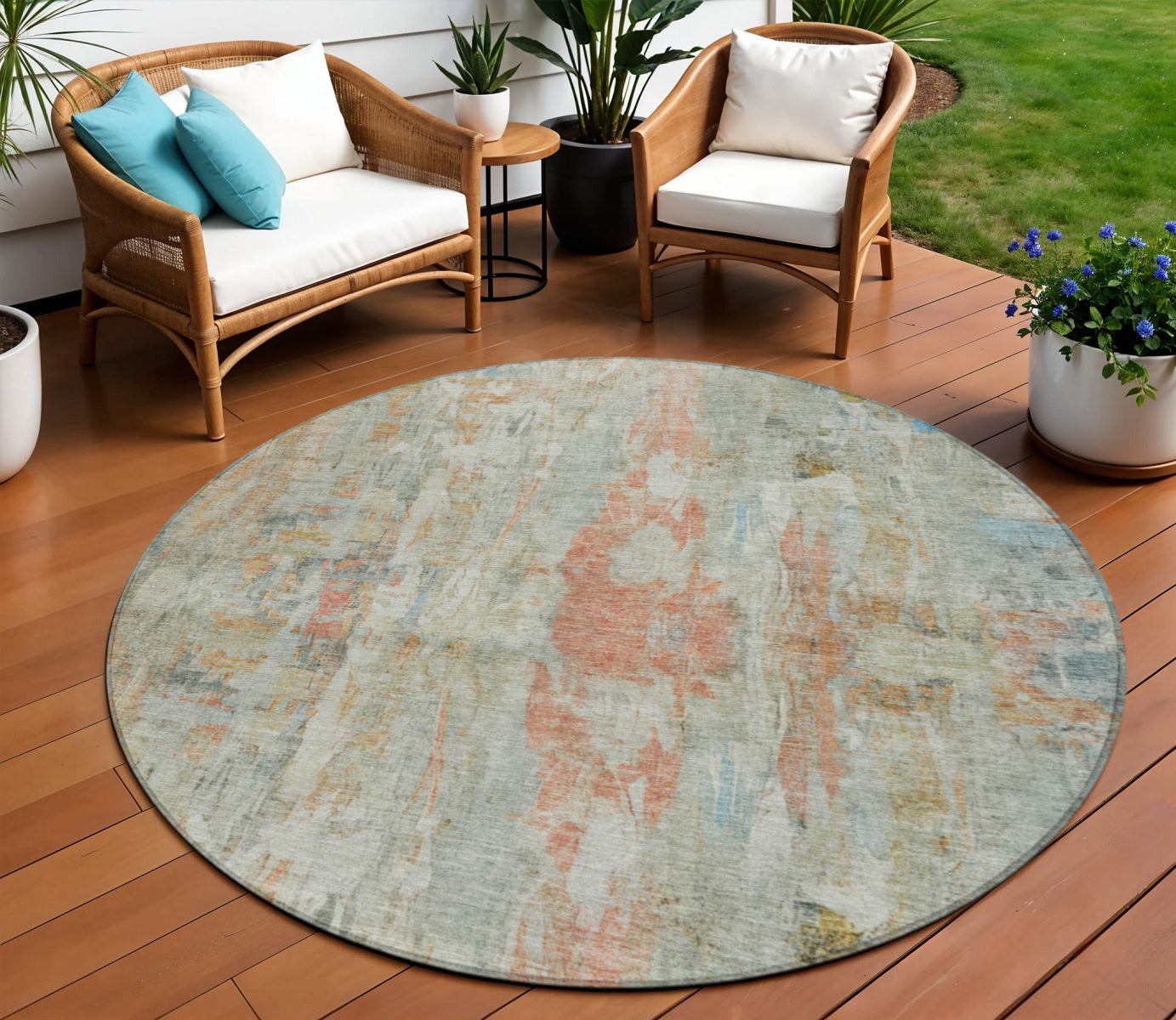 8' Sage And Copper Round Abstract Washable Indoor Outdoor Area Rug