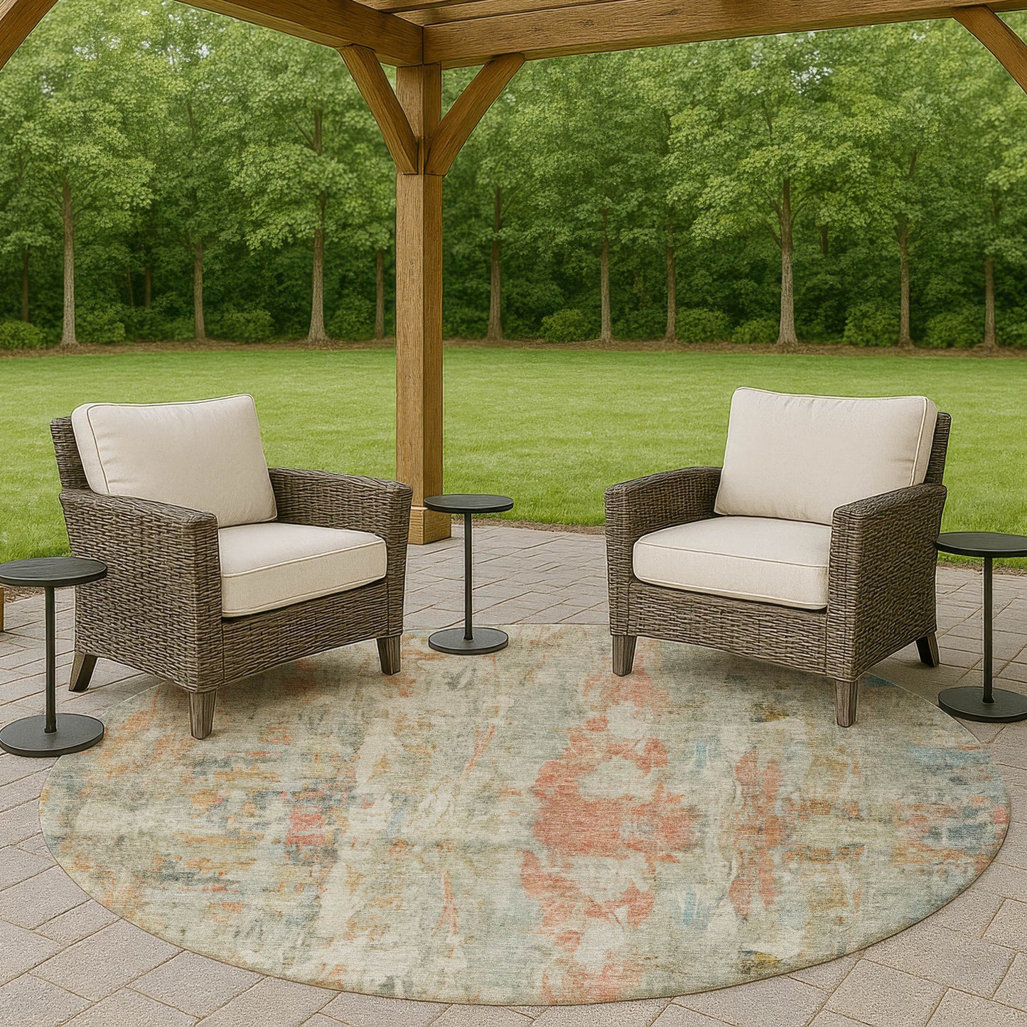 8' Sage And Copper Round Abstract Washable Indoor Outdoor Area Rug
