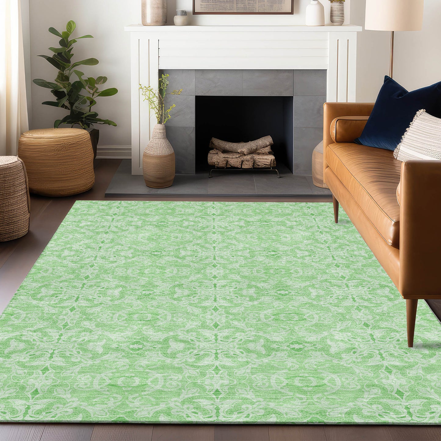 8' X 10' Lime Green And Ivory Medallion Washable Area Rug With UV Protection