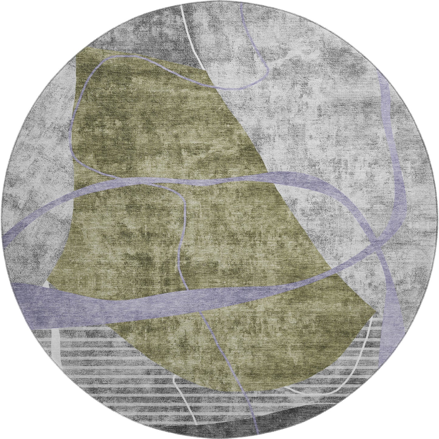 8' Olive Green Gray And Silver Abstract Geometric Washable Round Rug With UV Protection
