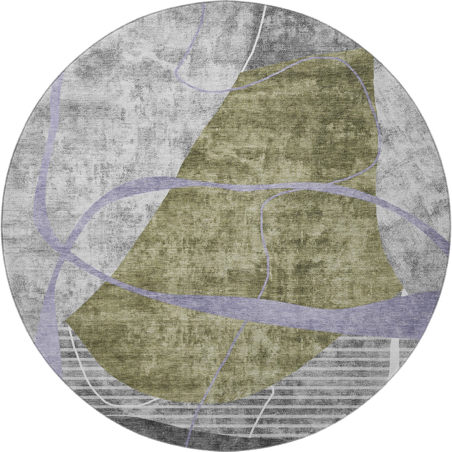 8' Olive Green Gray And Silver Abstract Geometric Washable Round Rug With UV Protection