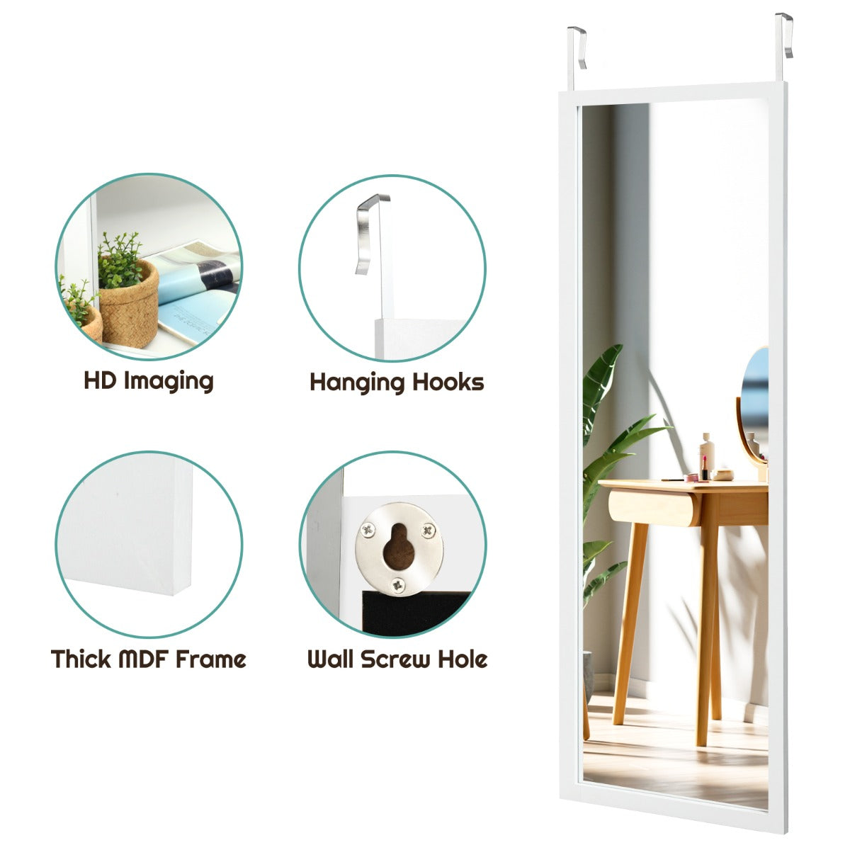 NNECW Wall Mounted Dressing Mirror with Hanging Hooks for Bedroom White