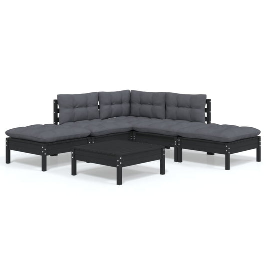 NNEVL 6 Piece Garden Lounge Set with Cushions Black Pinewood