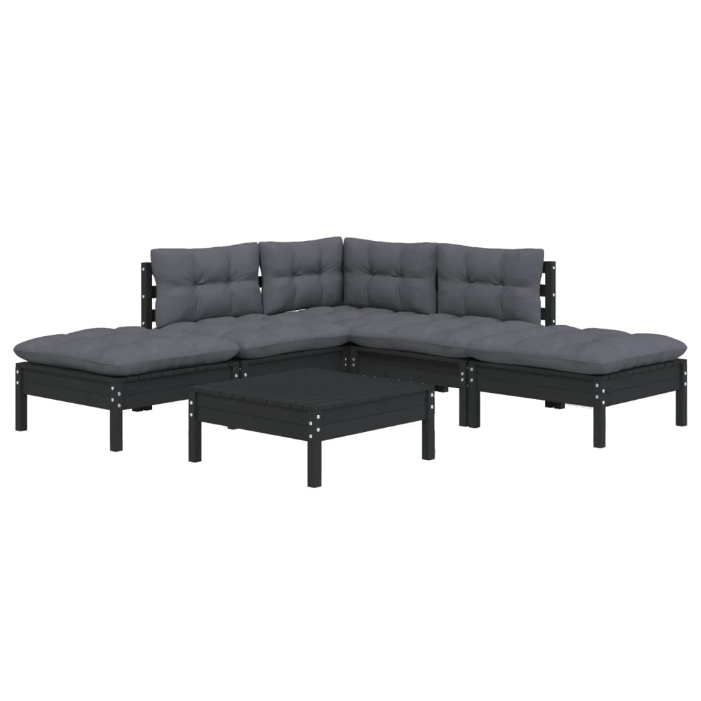 NNEVL 6 Piece Garden Lounge Set with Cushions Black Pinewood