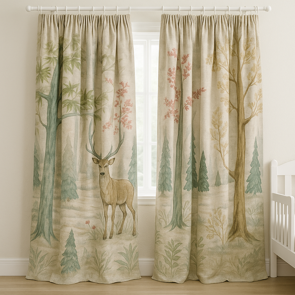 Storybook Forest Pure Linen Curtains – Custom Sizes – Kids Room & Nursery – With Cotton or Blackout Lining