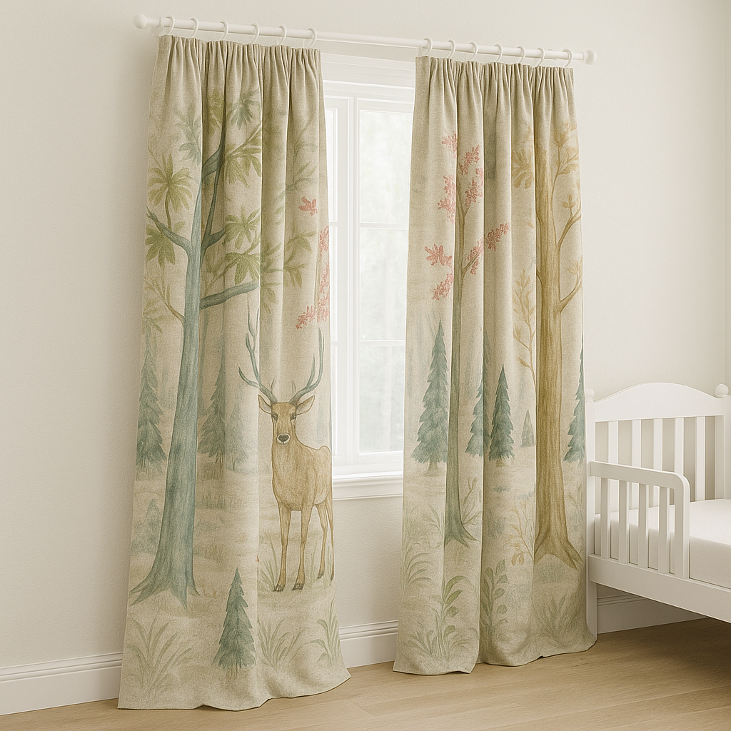 Storybook Forest Pure Linen Curtains – Custom Sizes – Kids Room & Nursery – With Cotton or Blackout Lining
