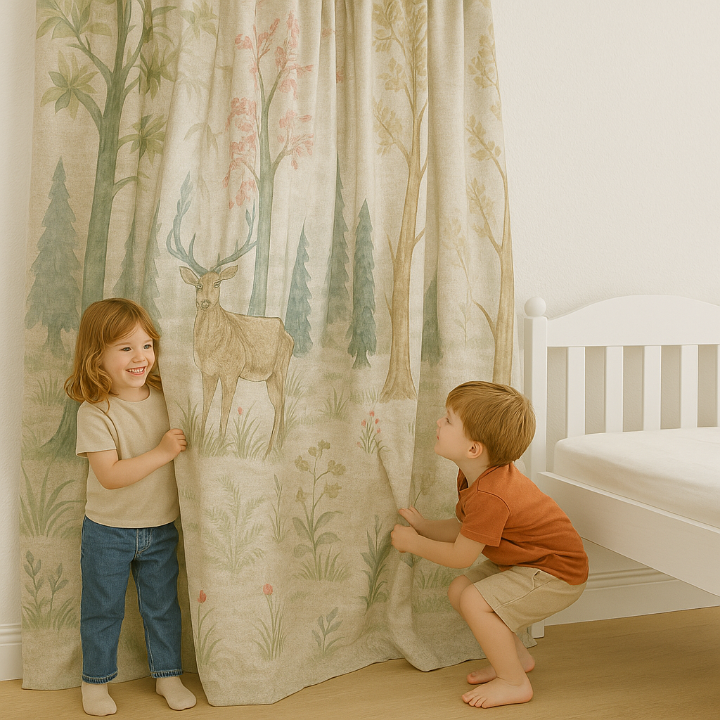 Storybook Forest Pure Linen Curtains – Custom Sizes – Kids Room & Nursery – With Cotton or Blackout Lining