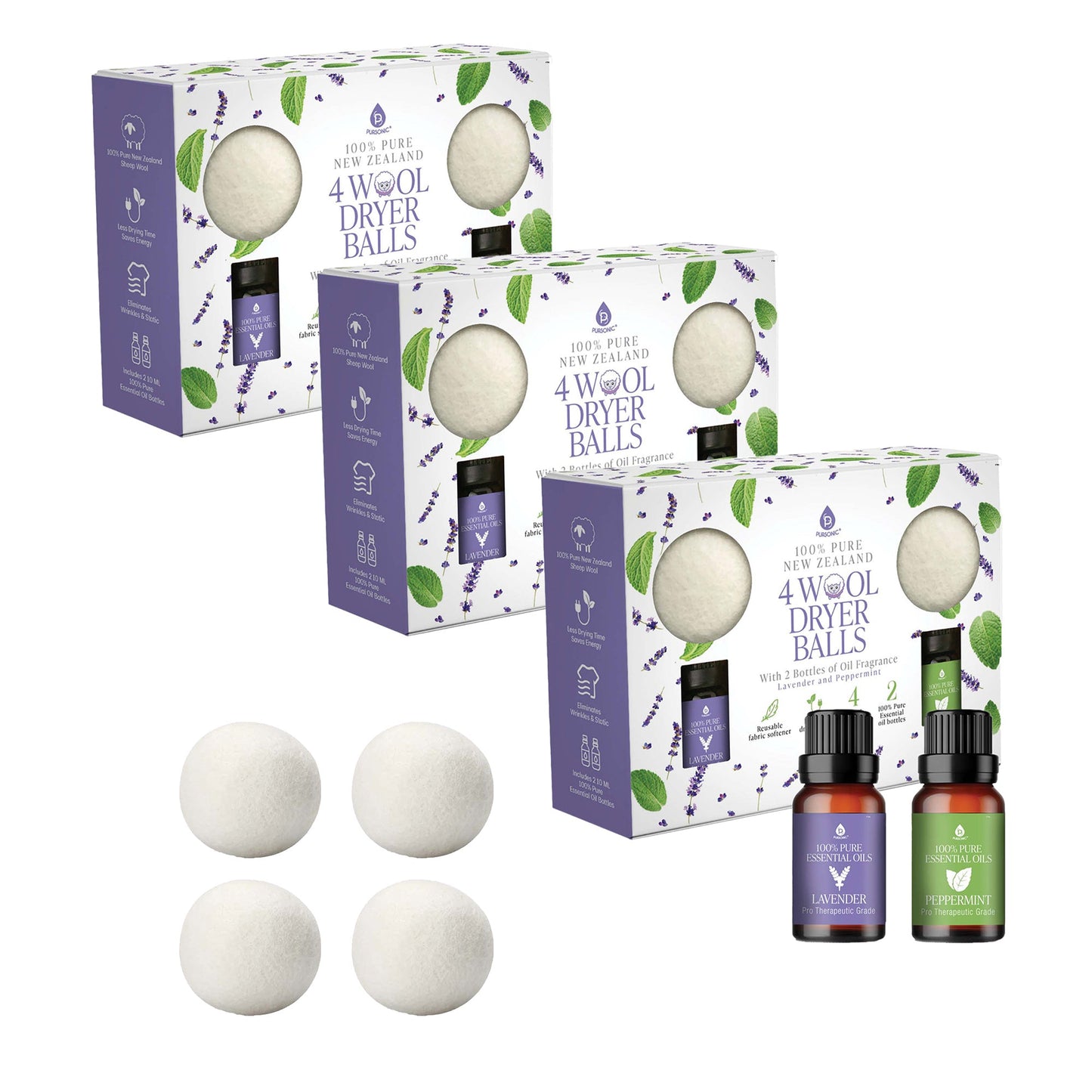 Pursonic Wool Dryer Balls Bundle – 3-Pack of Reusable Laundry Balls Made from Pure New Zealand Wool + Lavender & Peppermint Essential Oils-0