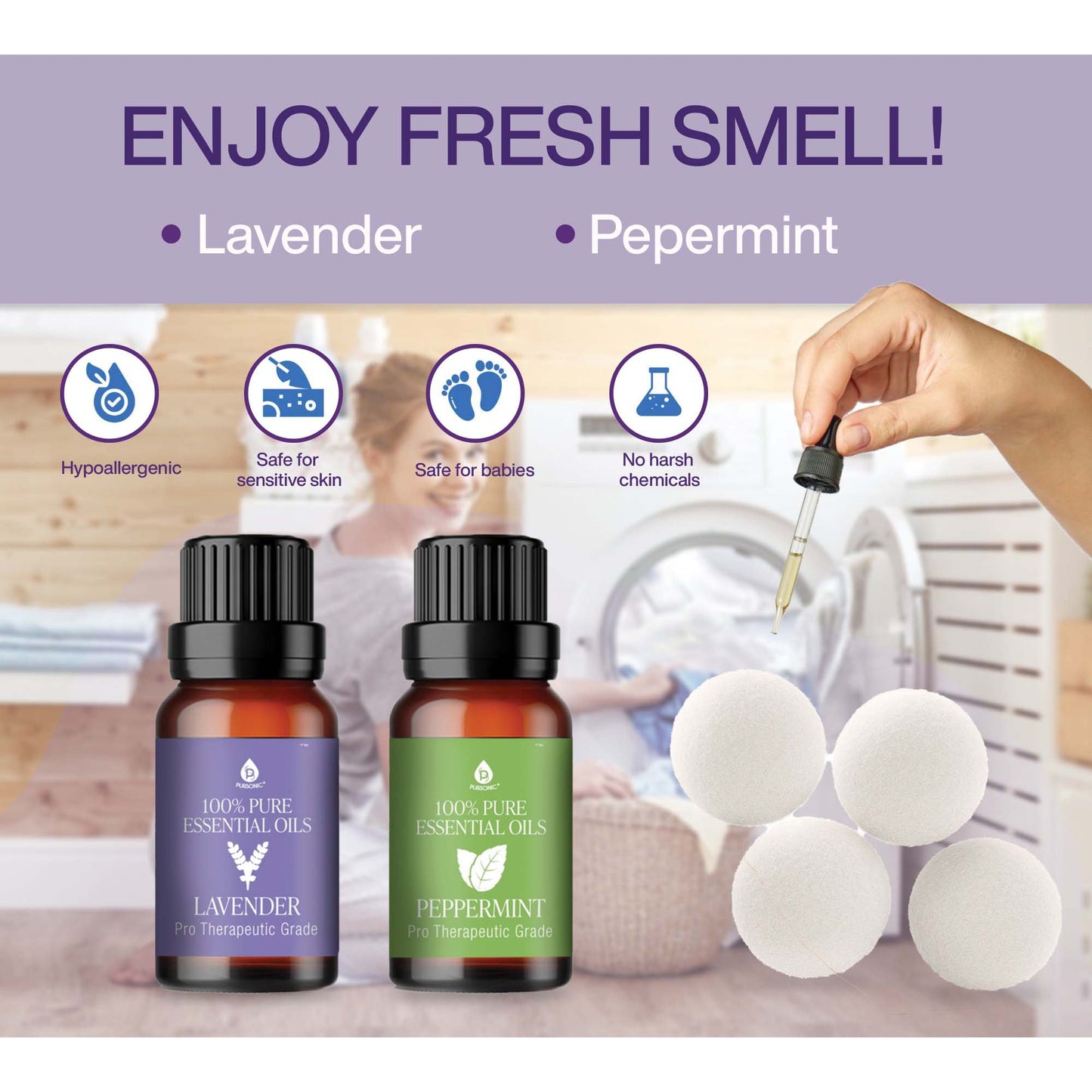 Pursonic Wool Dryer Balls Bundle – 3-Pack of Reusable Laundry Balls Made from Pure New Zealand Wool + Lavender & Peppermint Essential Oils-2