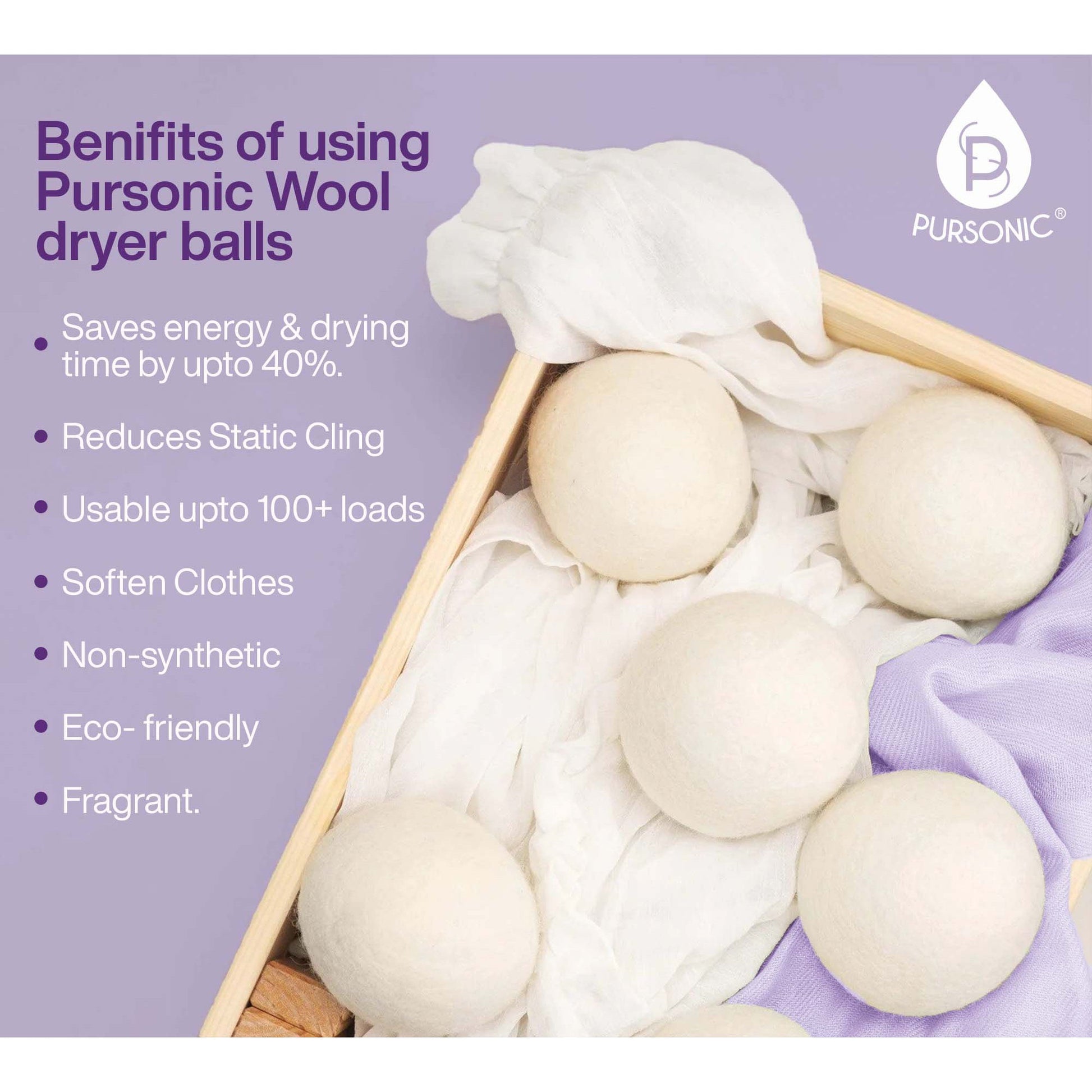 Pursonic Wool Dryer Balls Bundle – 3-Pack of Reusable Laundry Balls Made from Pure New Zealand Wool + Lavender & Peppermint Essential Oils-4