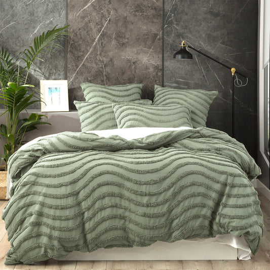 NNEDSZ Chenille Wave 100% Cotton Vintage Washed Sage Tufted Quilt Cover Set by Cloud Linen Double