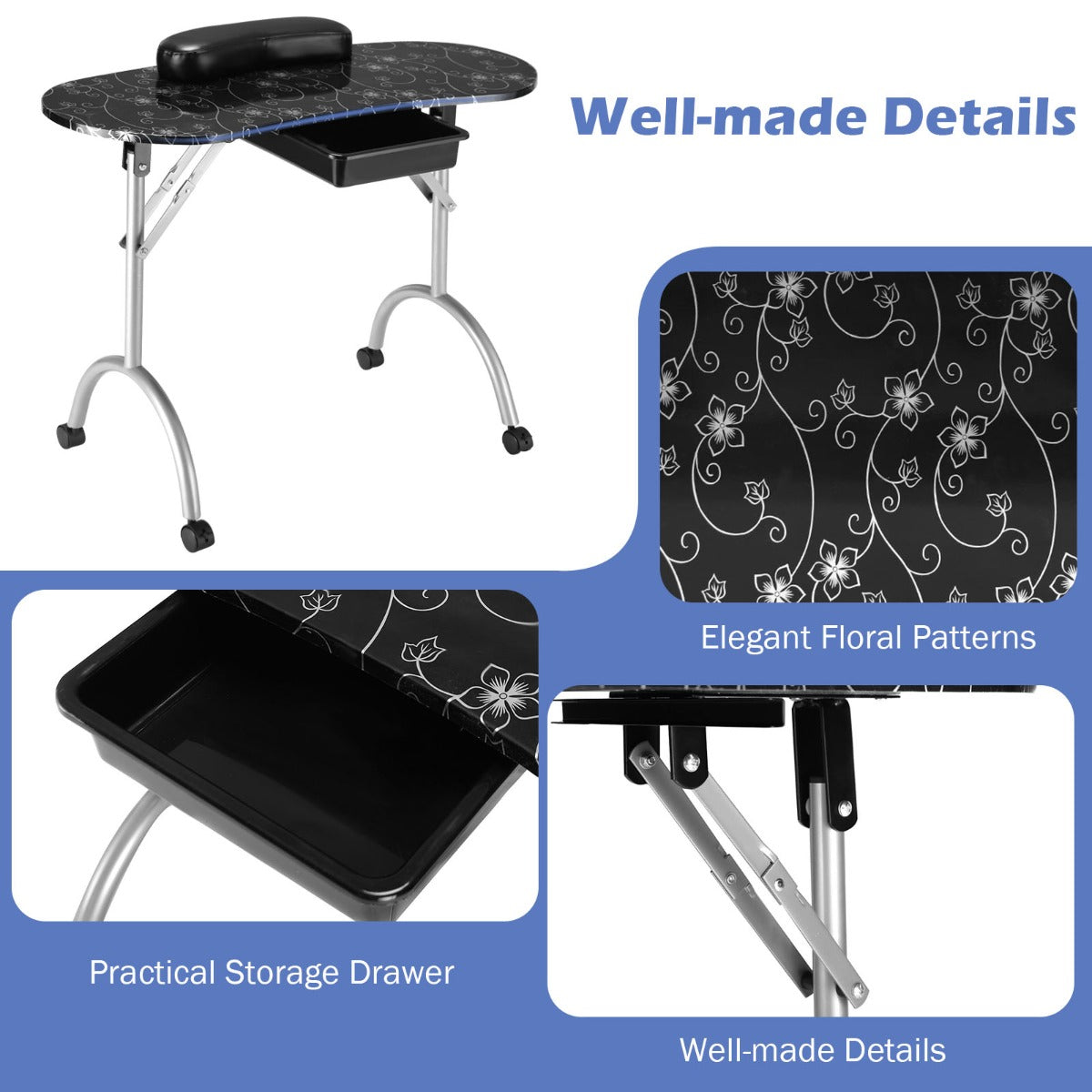NNECW Portable Black Manicure Nail Table for Spa & Salon